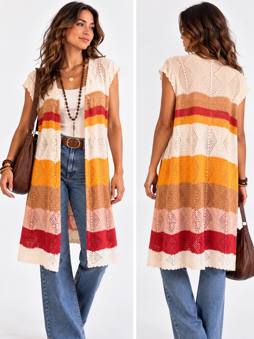 POL Crochet Duster Cardigan Retro Boho Chic Striped Open Knit Longline Medium